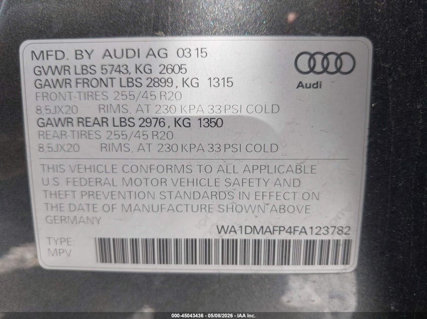 2015 Audi Q5 VIN WA1DMAFP4FA123782 IAAI salvage auction — SIDE, Clear (Oklahoma), sold $4,250 on 2026-07-09 (photo 9)