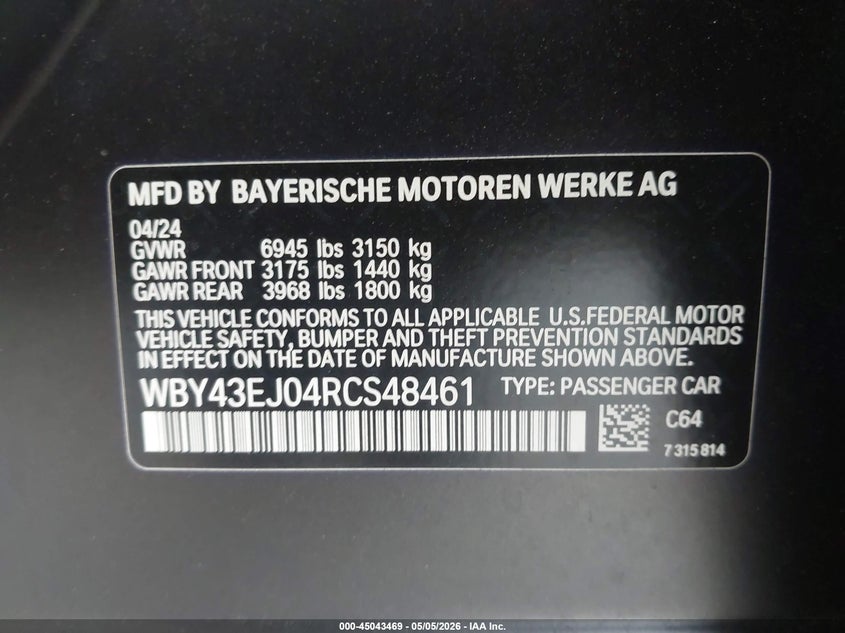 2024 BMW I7 VIN WBY43EJ04RCS48461 IAAI salvage auction — RIGHT FRONT, Salvage (California), sold $25 on 2026-07-29 (photo 9)