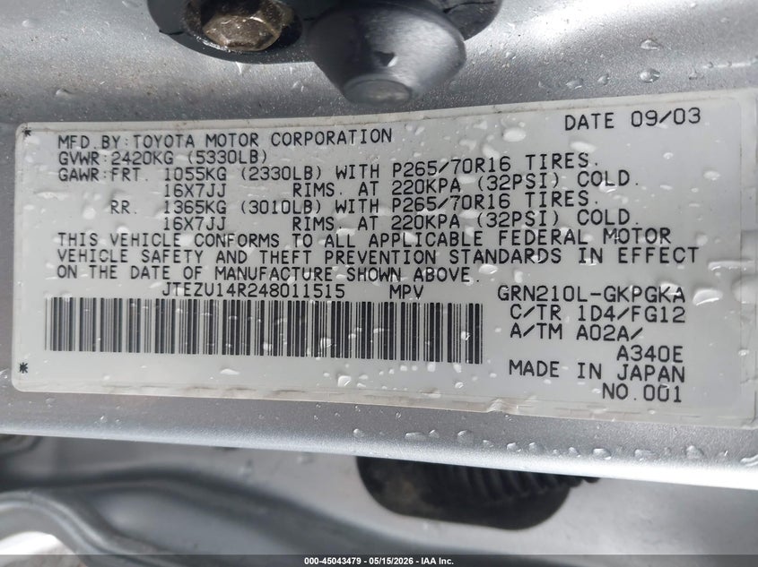 2004 Toyota 4runner VIN JTEZU14R248011515 IAAI salvage auction — RIGHT REAR, Salvage (Hawaii), sold $1,500 on 2026-07-07 (photo 9)