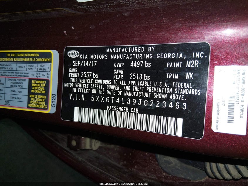 2018 Kia Optima VIN 5XXGT4L39JG223463 IAAI salvage auction — THEFT, Salvage (Arizona), sold $3,950 on 2026-07-07 (photo 9)