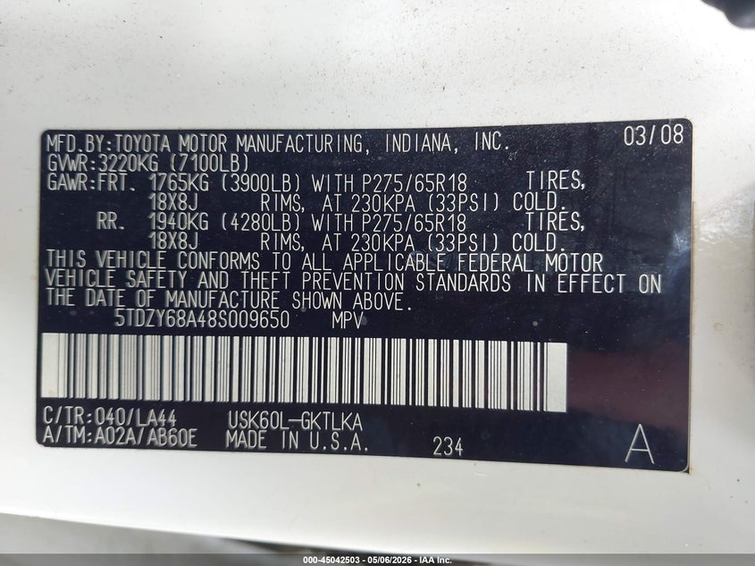2008 Toyota Sequoia VIN 5TDZY68A48S009650 IAAI salvage auction — FRONT END, Clear (Oklahoma), sold $2,900 on 2026-07-07 (photo 9)