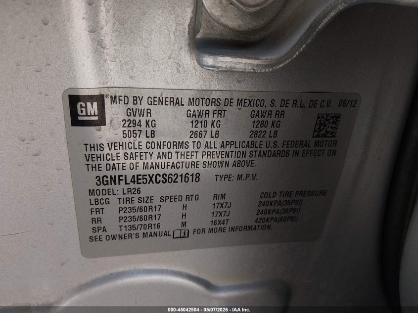 2012 Chevrolet Captiva sport VIN 3GNFL4E5XCS621618 IAAI salvage auction — FRONT & REAR, Original (Texas), sold $550 on 2026-07-08 (photo 9)