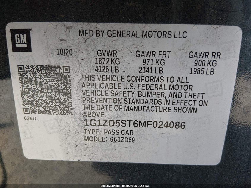 2021 Chevrolet Malibu VIN 1G1ZD5ST6MF024086 IAAI salvage auction — REAR END, Salvage (California), sold $1,925 on 2026-07-09 (photo 9)