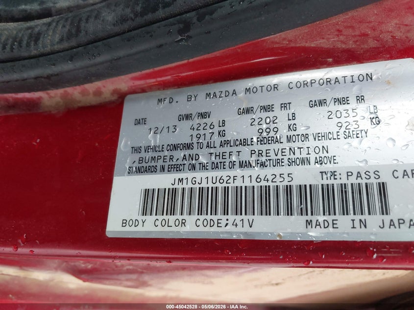2015 Mazda 6 VIN JM1GJ1U62F1164255 IAAI salvage auction — RIGHT FRONT, Salvage (Arkansas), sold $750 on 2026-08-31 (photo 9)