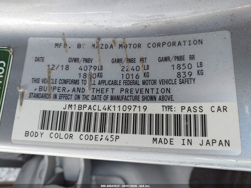 2019 Mazda 3 VIN JM1BPACL4K1109719 IAAI salvage auction — FRONT END, Salvage (Kentucky), sold $2,075 on 2026-07-20 (photo 9)