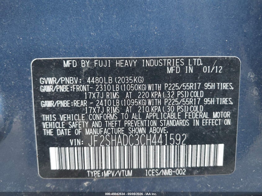 2012 Subaru Forester VIN JF2SHADC3CH441592 IAAI salvage auction — NORMAL WEAR, Salvage (Texas), sold $350 on 2026-07-29 (photo 9)