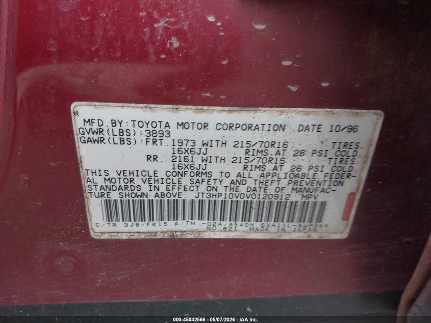 1997 Toyota Rav4 VIN JT3HP10V0V0120912 IAAI salvage auction — LEFT FRONT, Salvage - Greater Than 75% (Maryland), sold $750 on 2026-07-25 (photo 9)