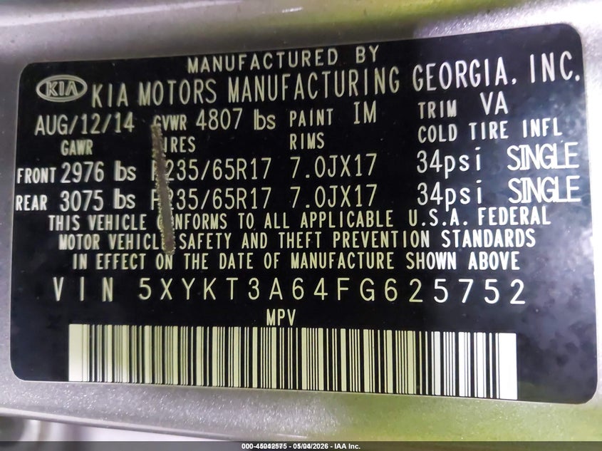 2015 Kia Sorento VIN 5XYKT3A64FG625752 IAAI salvage auction — NORMAL WEAR, Wait Title, sold $225 on 2026-08-26 (photo 9)