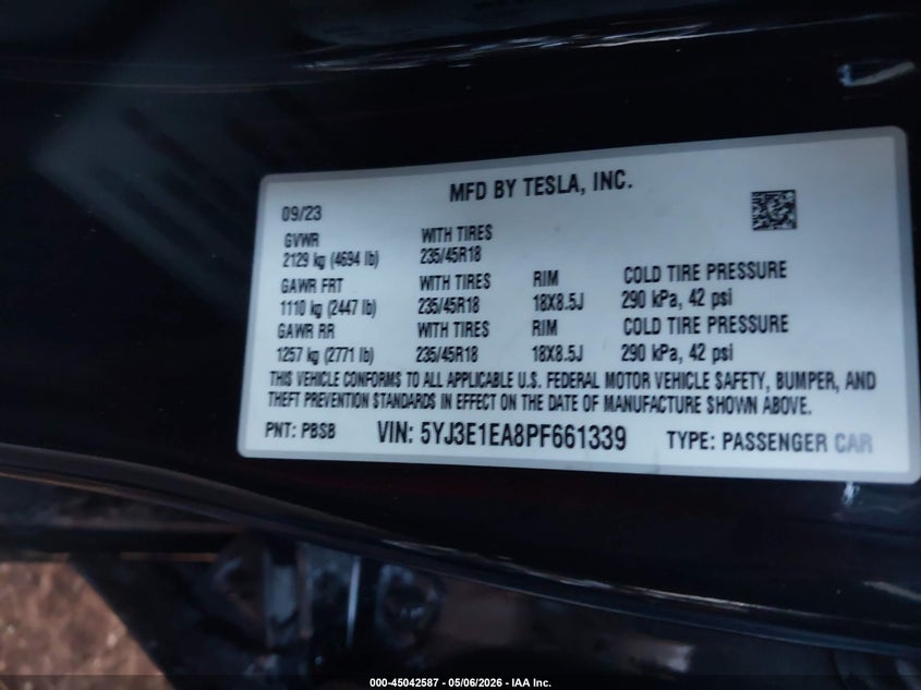 2023 Tesla Model 3 VIN 5YJ3E1EA8PF661339 IAAI salvage auction — FRONT END, Salvage (Arizona), sold $6,200 on 2026-07-30 (photo 9)