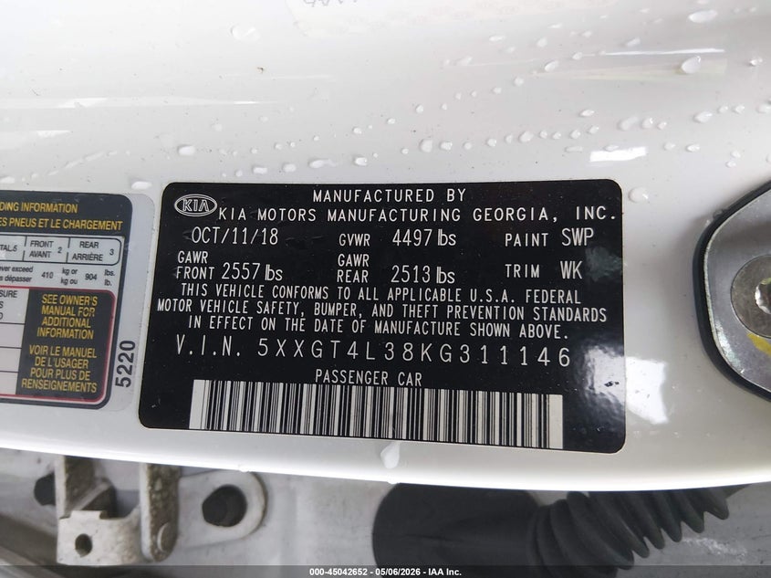 2019 Kia Optima VIN 5XXGT4L38KG311146 IAAI salvage auction — LEFT FRONT, Salvage (Illinois), sold $1,850 on 2026-07-21 (photo 9)