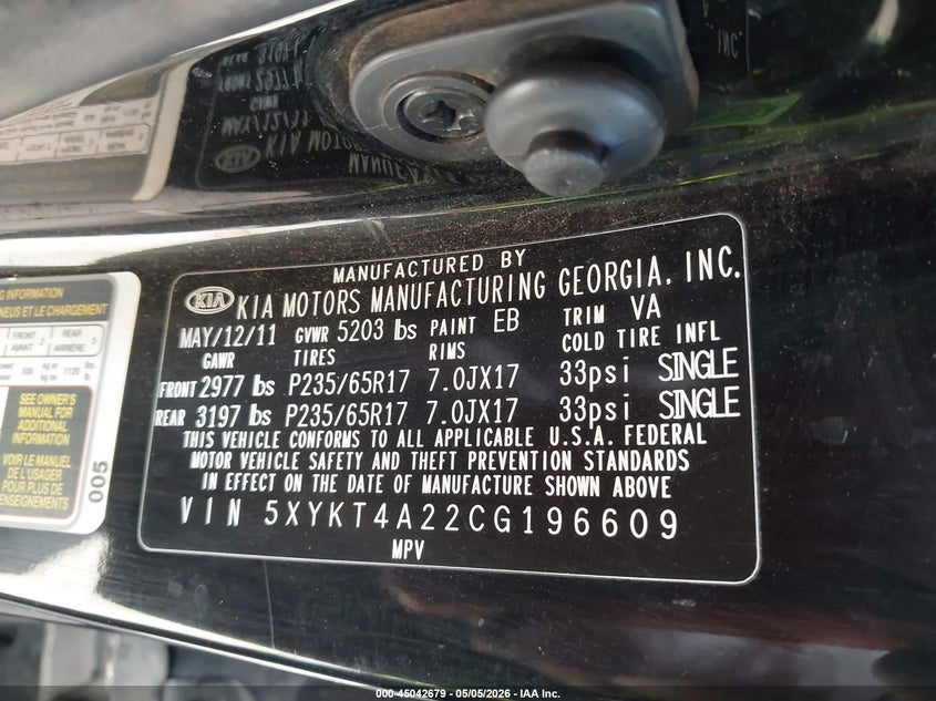 2012 Kia Sorento VIN 5XYKT4A22CG196609 IAAI salvage auction — ENGINE DAMAGE, Clear (Montana), sold $250 on 2026-07-07 (photo 9)