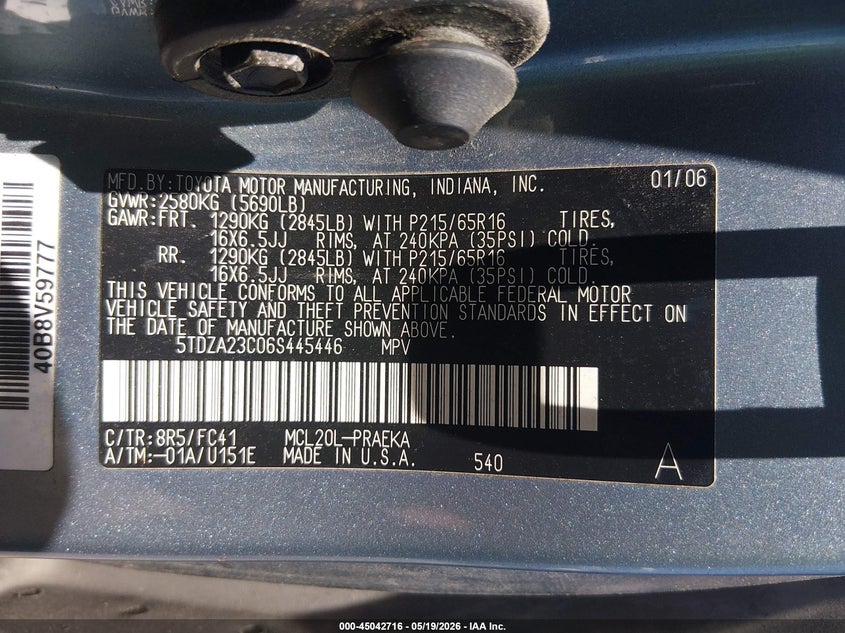 2006 Toyota Sienna VIN 5TDZA23C06S445446 IAAI salvage auction — NORMAL WEAR, Salvage (Texas), sold $125 on 2026-07-29 (photo 9)