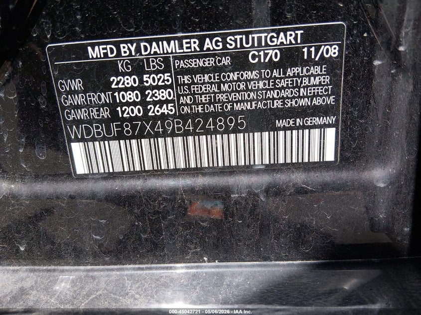 2009 Mercedes-benz E-klasse VIN WDBUF87X49B424895 IAAI salvage auction — FRONT END, Salvage (Utah), sold $325 on 2026-08-20 (photo 9)
