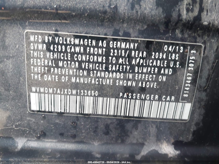 2013 Volkswagen Golf VIN WVWDM7AJXDW133650 IAAI salvage auction — NORMAL WEAR, Salvage (Texas), sold $300 on 2026-07-06 (photo 9)