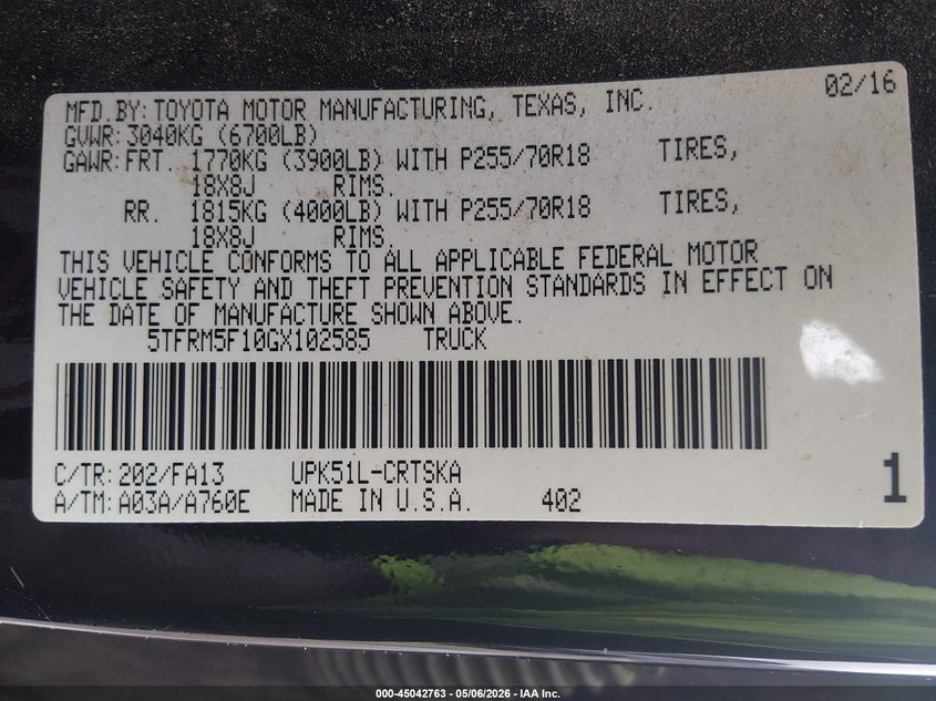 2016 Toyota Tundra VIN 5TFRM5F10GX102585 IAAI salvage auction — FRONT & REAR, Salvage (South Carolina), sold $3,000 on 2026-07-08 (photo 9)