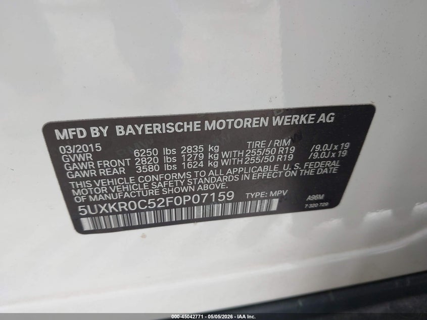 2015 BMW X5 VIN 5UXKR0C52F0P07159 IAAI salvage auction — FRONT END, Salvage (Iowa), sold $3,925 on 2026-07-14 (photo 9)