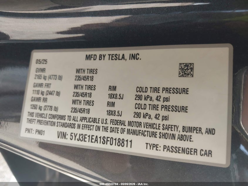 2025 Tesla Model 3 VIN 5YJ3E1EA1SF018811 IAAI salvage auction — RIGHT SIDE, Original (Texas), sold $11,350 on 2026-07-23 (photo 9)