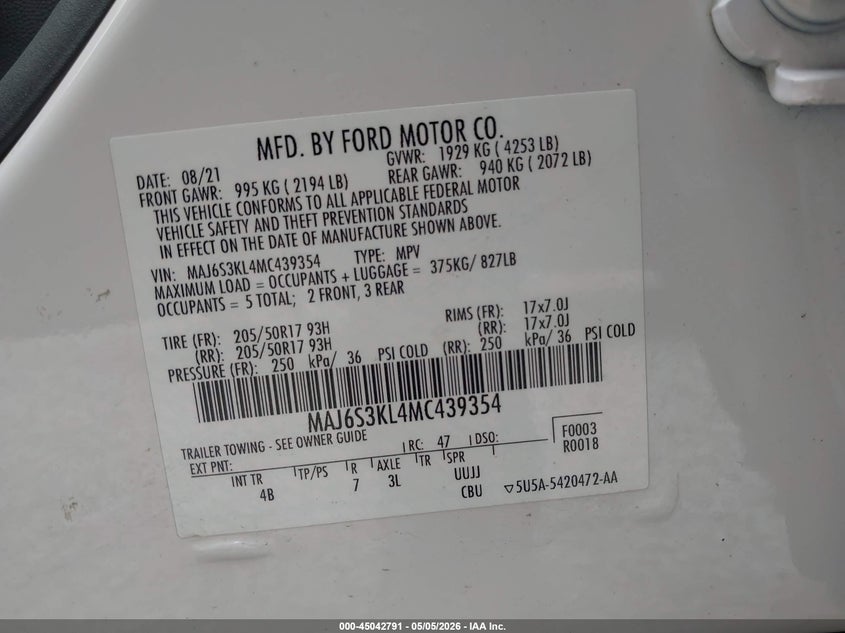 2021 Ford Ecosport VIN MAJ6S3KL4MC439354 IAAI salvage auction — FRONT END, Salvage (Ohio), sold $1,050 on 2026-07-22 (photo 9)