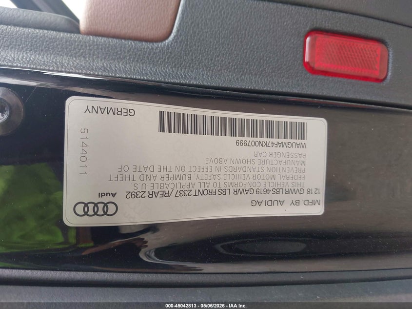 2019 Audi A4 VIN WAUGMAF47KN007999 IAAI salvage auction — FRONT END, Clear (Oklahoma), sold $4,500 on 2026-07-22 (photo 9)