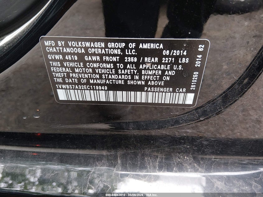 2014 Volkswagen Passat VIN 1VWBS7A32EC119949 IAAI salvage auction — LEFT FRONT, Salvage (Indiana), sold $475 on 2026-07-11 (photo 9)