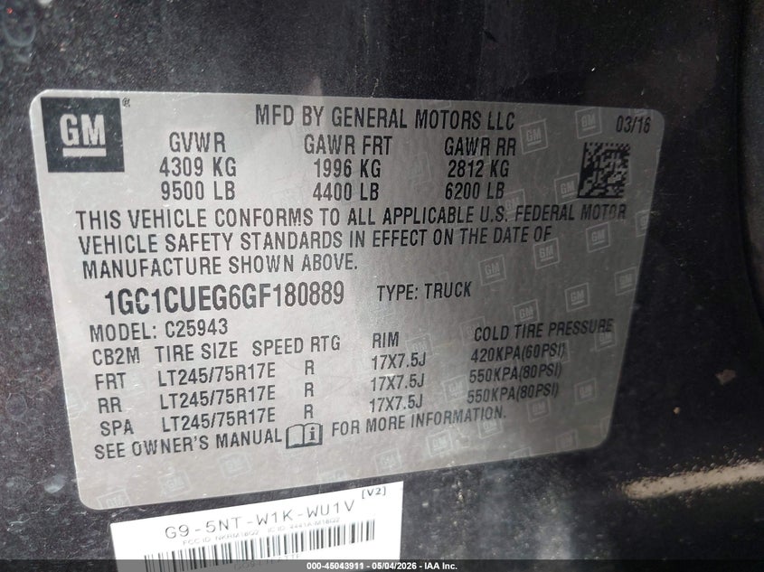 2016 Chevrolet Silverado 2500 VIN 1GC1CUEG6GF180889 IAAI salvage auction — REAR END, Sf97 (New Mexico), sold $12,075 on 2026-07-08 (photo 9)