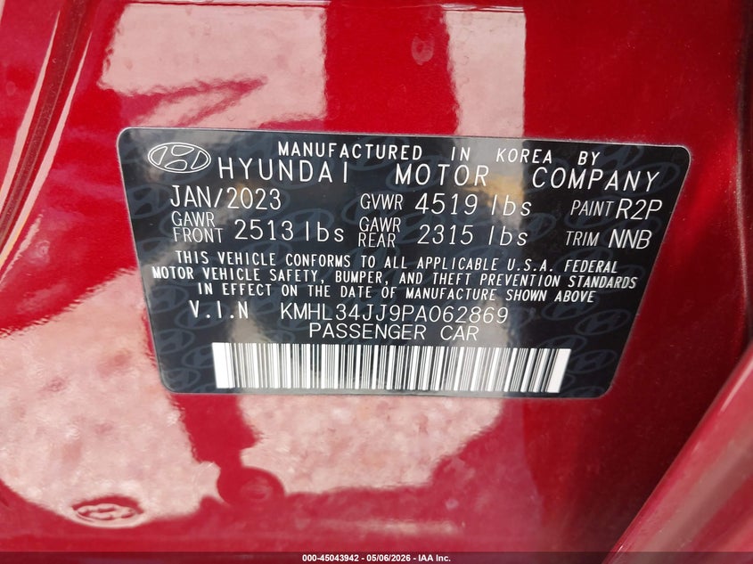 2023 Hyundai Sonata VIN KMHL34JJ9PA062869 IAAI salvage auction — RIGHT FRONT, Salvage (California), sold $6,100 on 2026-07-13 (photo 9)