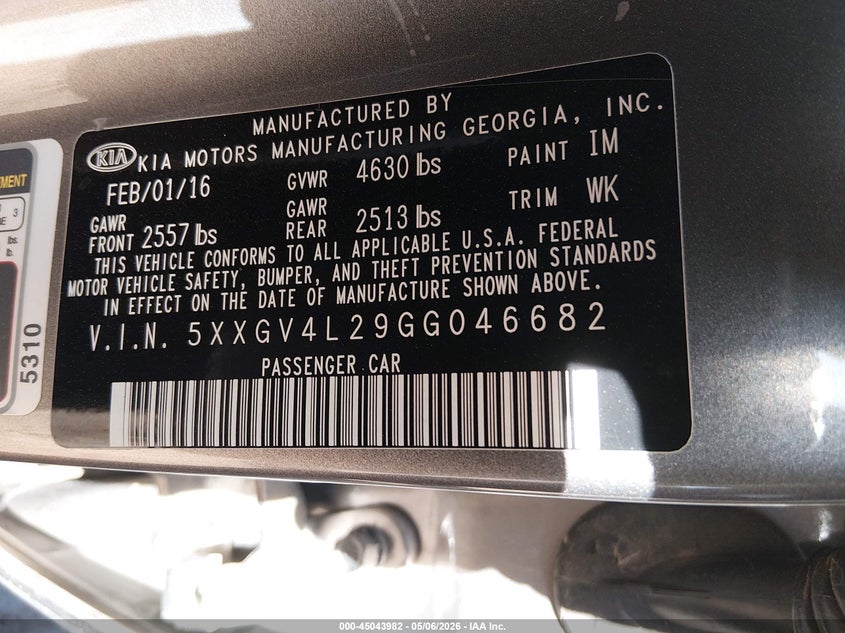 2016 Kia Optima VIN 5XXGV4L29GG046682 IAAI salvage auction — NORMAL WEAR, Original (Texas), sold $1,750 on 2026-07-22 (photo 9)