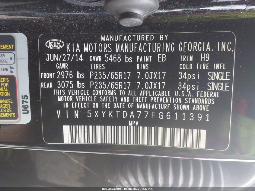 2015 Kia Sorento VIN 5XYKTDA77FG611391 IAAI salvage auction — NORMAL WEAR, Salvage (Texas), sold $500 on 2026-07-30 (photo 9)