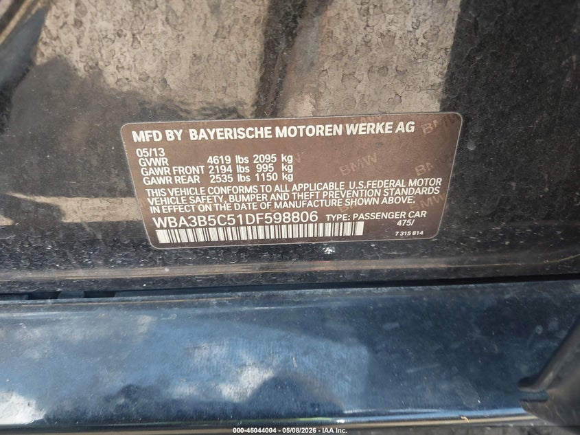 2013 BMW 3er VIN WBA3B5C51DF598806 IAAI salvage auction — FRONT END, Rebuilt (Oklahoma), sold $400 on 2026-07-08 (photo 9)