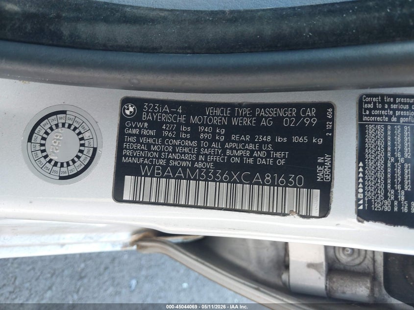 1999 BMW 3 series VIN WBAAM3336XCA81630 IAAI salvage auction — RIGHT SIDE, Lien Papers (Oregon), sold $225 on 2026-07-28 (photo 9)