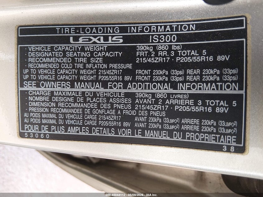 2002 Lexus Is 300 VIN JTHBD192820038066 IAAI salvage auction — REAR END, Clear (Hawaii), sold $550 on 2026-07-30 (photo 9)