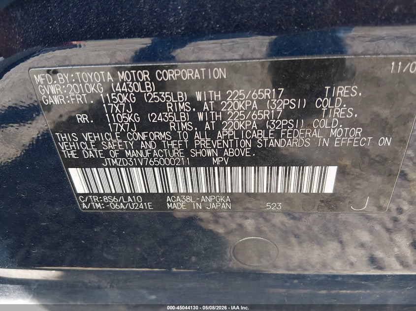 2006 Toyota Rav 4 VIN JTMZD31V765000211 IAAI salvage auction — FRONT END, Salvage (California), sold $1,250 on 2026-07-06 (photo 9)