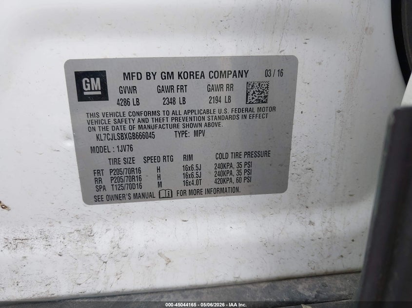 2016 Chevrolet Trax VIN KL7CJLSBXGB666045 IAAI salvage auction — RIGHT SIDE, Clear (Indiana), sold $1,950 on 2026-07-14 (photo 9)