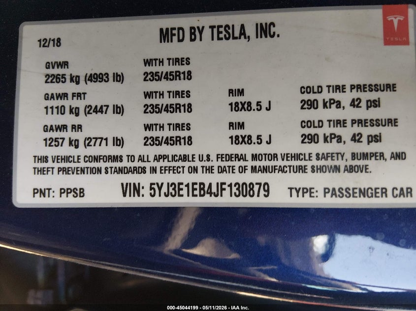 2018 Tesla Model 3 VIN 5YJ3E1EB4JF130879 IAAI salvage auction — FRONT END, Salvage (Ohio), sold $4,650 on 2026-07-08 (photo 9)