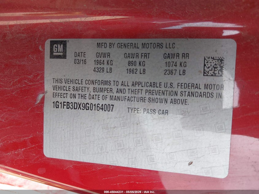 2016 Chevrolet Camaro VIN 1G1FB3DX9G0164007 IAAI salvage auction — LEFT FRONT, Salvage (Texas), sold $4,050 on 2026-07-09 (photo 9)