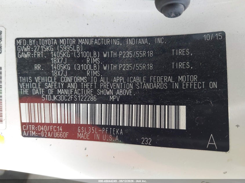 2015 Toyota Sienna VIN 5TDJK3DC2FS122286 IAAI salvage auction — FRONT END, Salvage (Texas), sold $975 on 2026-07-13 (photo 9)