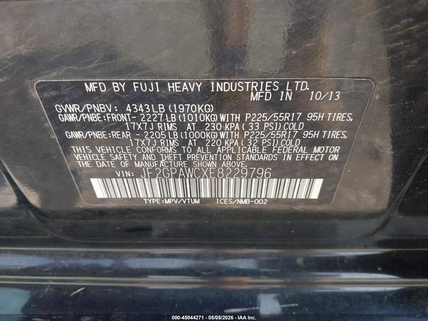 2014 Subaru Xv VIN JF2GPAWCXE8229796 IAAI salvage auction — LEFT FRONT, Mv-907A (New York), sold $825 on 2026-07-07 (photo 9)