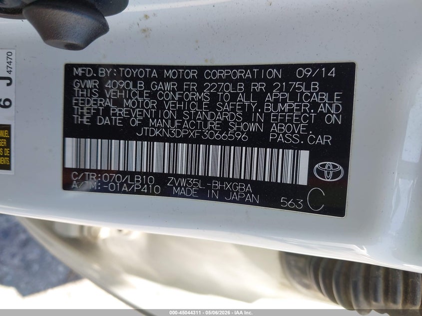 2015 Toyota Prius VIN JTDKN3DPXF3066596 IAAI salvage auction — REAR END, Salvage (California), sold $2,050 on 2026-07-21 (photo 9)