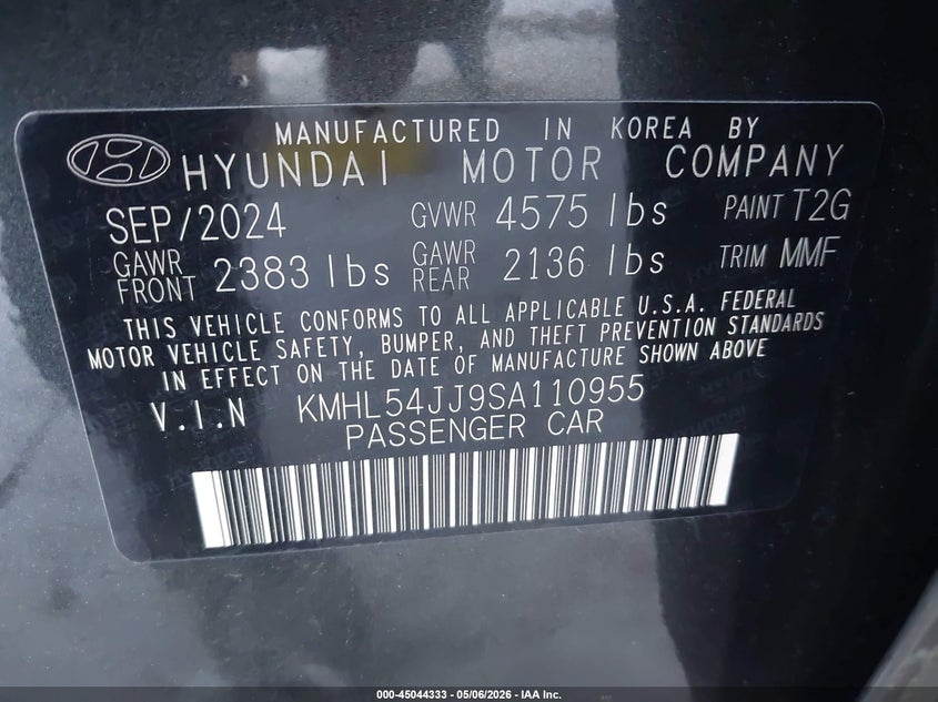 2025 Hyundai Sonata VIN KMHL54JJ9SA110955 IAAI salvage auction — REAR END, Salvage (California), sold $7,325 on 2026-07-14 (photo 9)