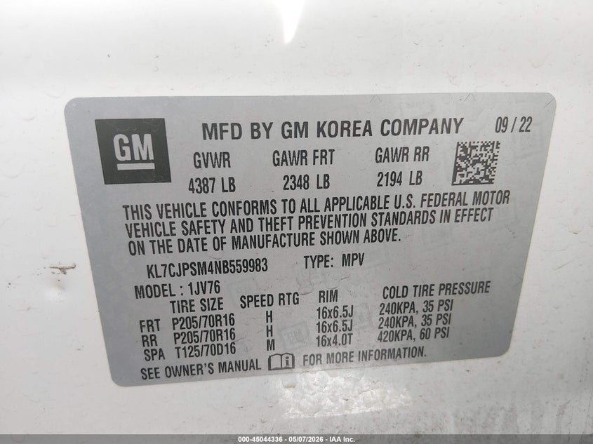 2022 Chevrolet Trax VIN KL7CJPSM4NB559983 IAAI salvage auction — FRONT END, Salvage (Colorado), sold $1,400 on 2026-07-07 (photo 9)