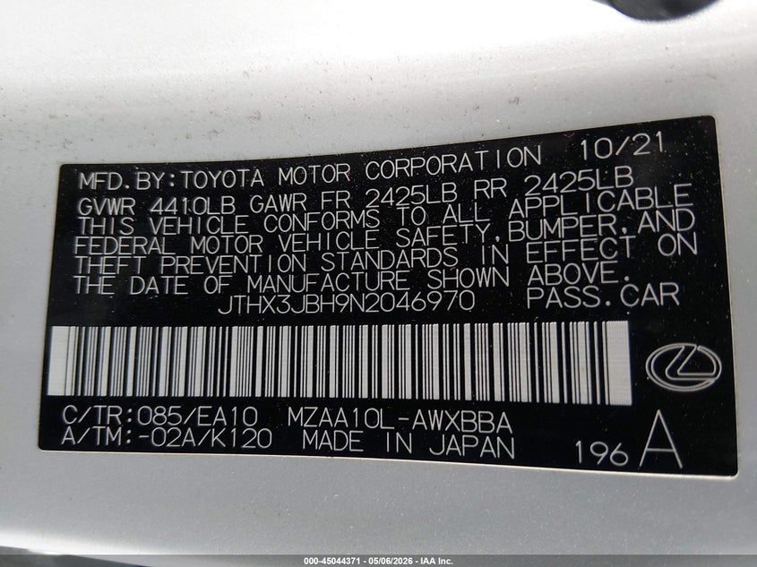 2022 Lexus Ux VIN JTHX3JBH9N2046970 IAAI salvage auction — FRONT END, Salvage (Nevada), sold $6,150 on 2026-07-17 (photo 9)