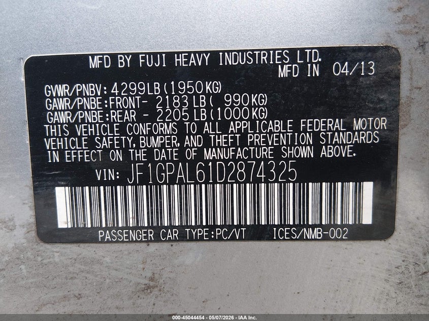 2013 Subaru Impreza VIN JF1GPAL61D2874325 IAAI salvage auction — FRONT END, Salvage (Oregon), sold $500 on 2026-07-06 (photo 9)