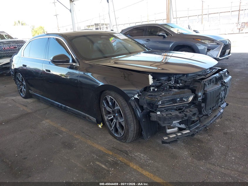 2025 BMW I7 VIN WBY43EJ04SCU39688 IAAI salvage auction — FRONT & REAR, Salvage (California), sold $34,850 on 2026-07-16 (photo 1)