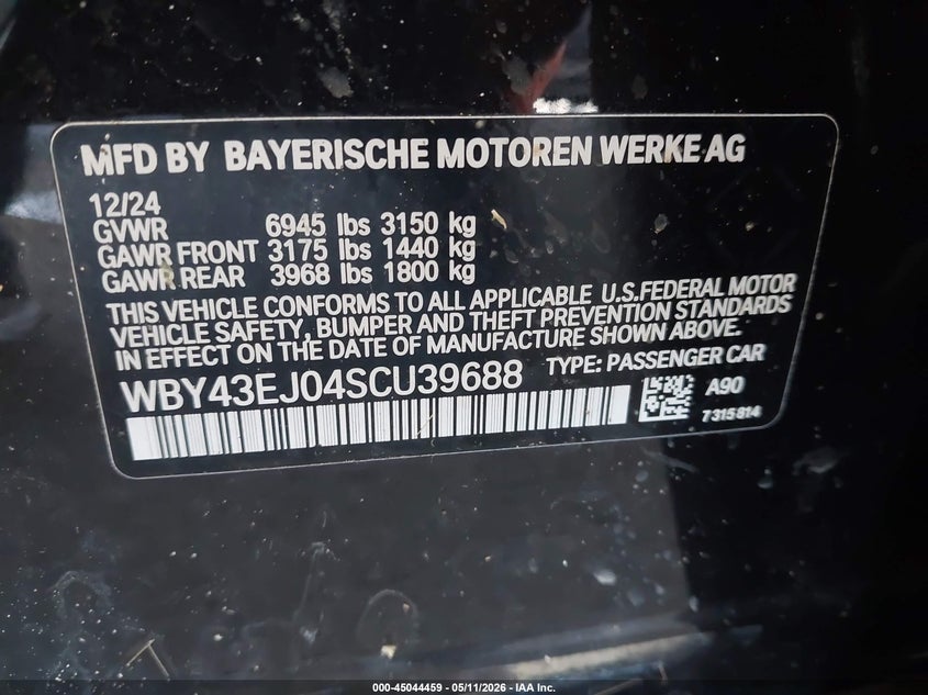 2025 BMW I7 VIN WBY43EJ04SCU39688 IAAI salvage auction — FRONT & REAR, Salvage (California), sold $34,850 on 2026-07-16 (photo 9)