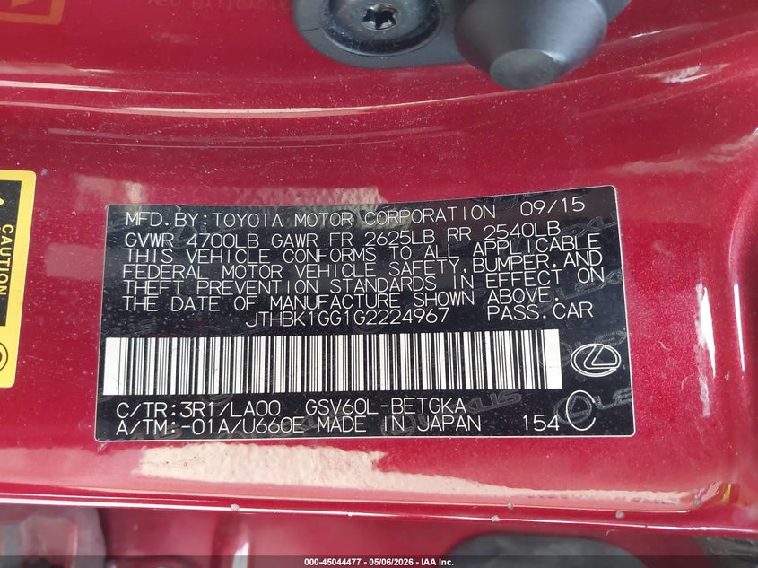 2016 Lexus ES VIN JTHBK1GG1G2224967 IAAI salvage auction — FRONT END, Salvage (Texas), sold $3,950 on 2026-07-14 (photo 9)