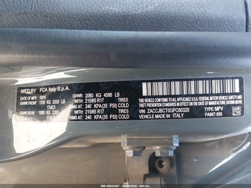 2016 Jeep Renegade VIN ZACCJBCT0GPC60320 IAAI salvage auction — LEFT FRONT, Salvage (Colorado), sold $800 on 2026-07-15 (photo 9)