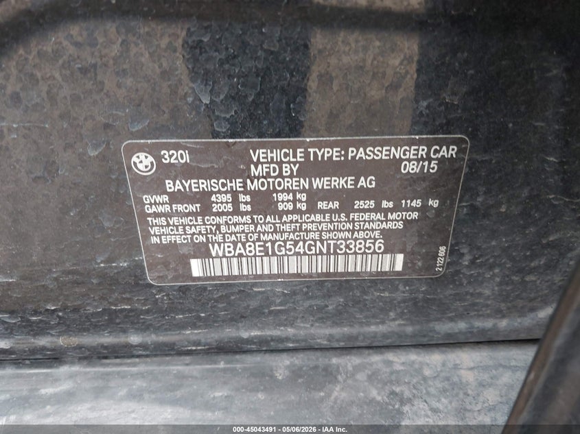 2016 BMW 3er VIN WBA8E1G54GNT33856 IAAI salvage auction — FRONT END, Salvage (Texas), sold $25 on 2026-07-13 (photo 9)