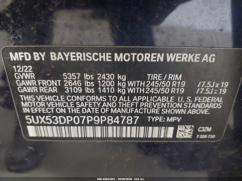 2023 BMW X3 VIN 5UX53DP07P9P84787 IAAI salvage auction — FRONT END, Mv-907A (New York), sold $12,000 on 2026-07-22 (photo 9)