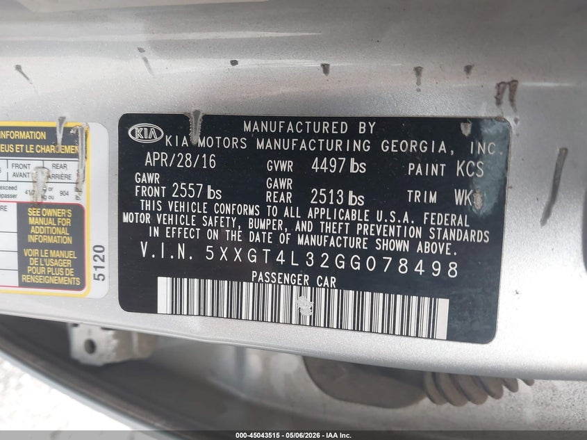2016 Kia Optima VIN 5XXGT4L32GG078498 IAAI salvage auction — FRONT END, Salvage (South Carolina), sold $1,100 on 2026-07-08 (photo 9)