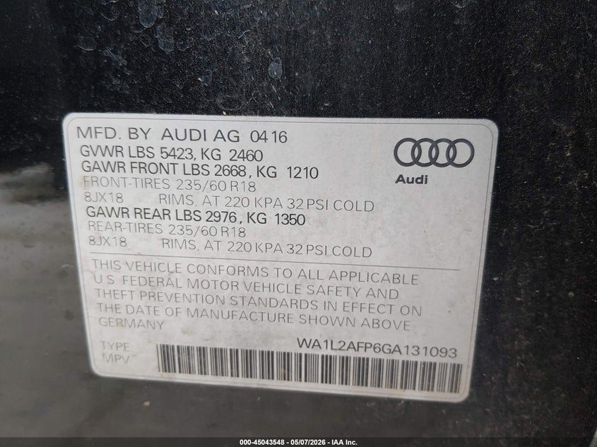 2016 Audi Q5 VIN WA1L2AFP6GA131093 IAAI salvage auction — LEFT FRONT, Original (Texas), sold $4,600 on 2026-07-28 (photo 9)